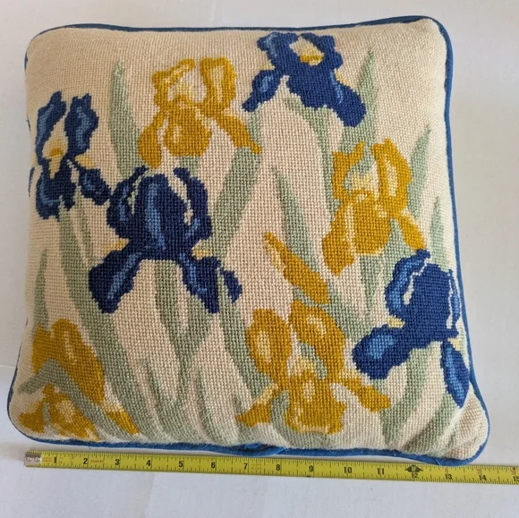 Vintage Needlepoint Floral Pillow. Yellow And Purple Iris. - Picture 5 of 6